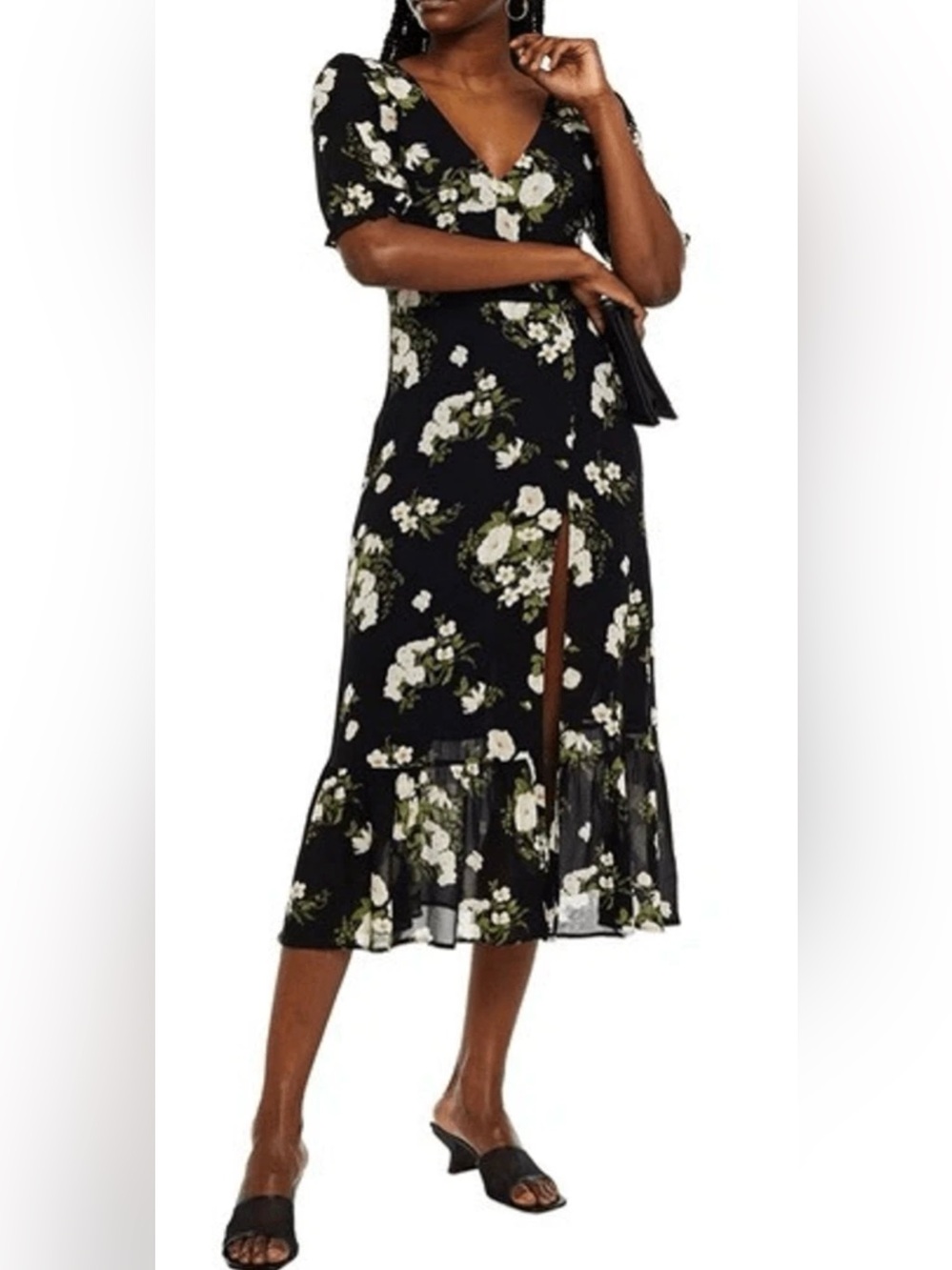 Reformation NANTES FLORAL-PRINT GEORGETTE MIDI DRESS IN BLACK size 6